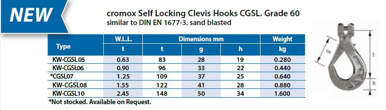 WLL Chart Grade60 Self Locking Hook Clevis